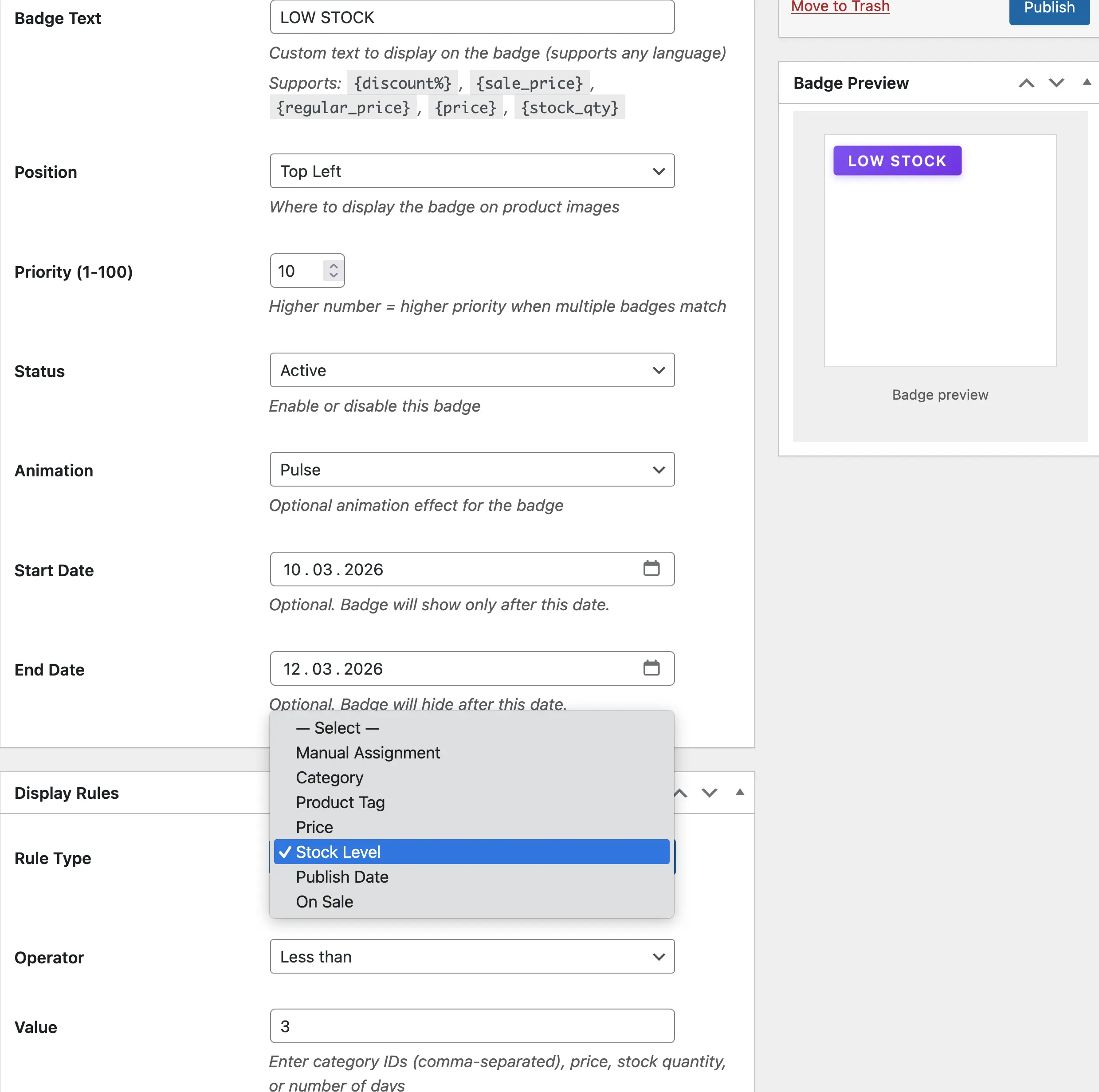 Low stock badge settings