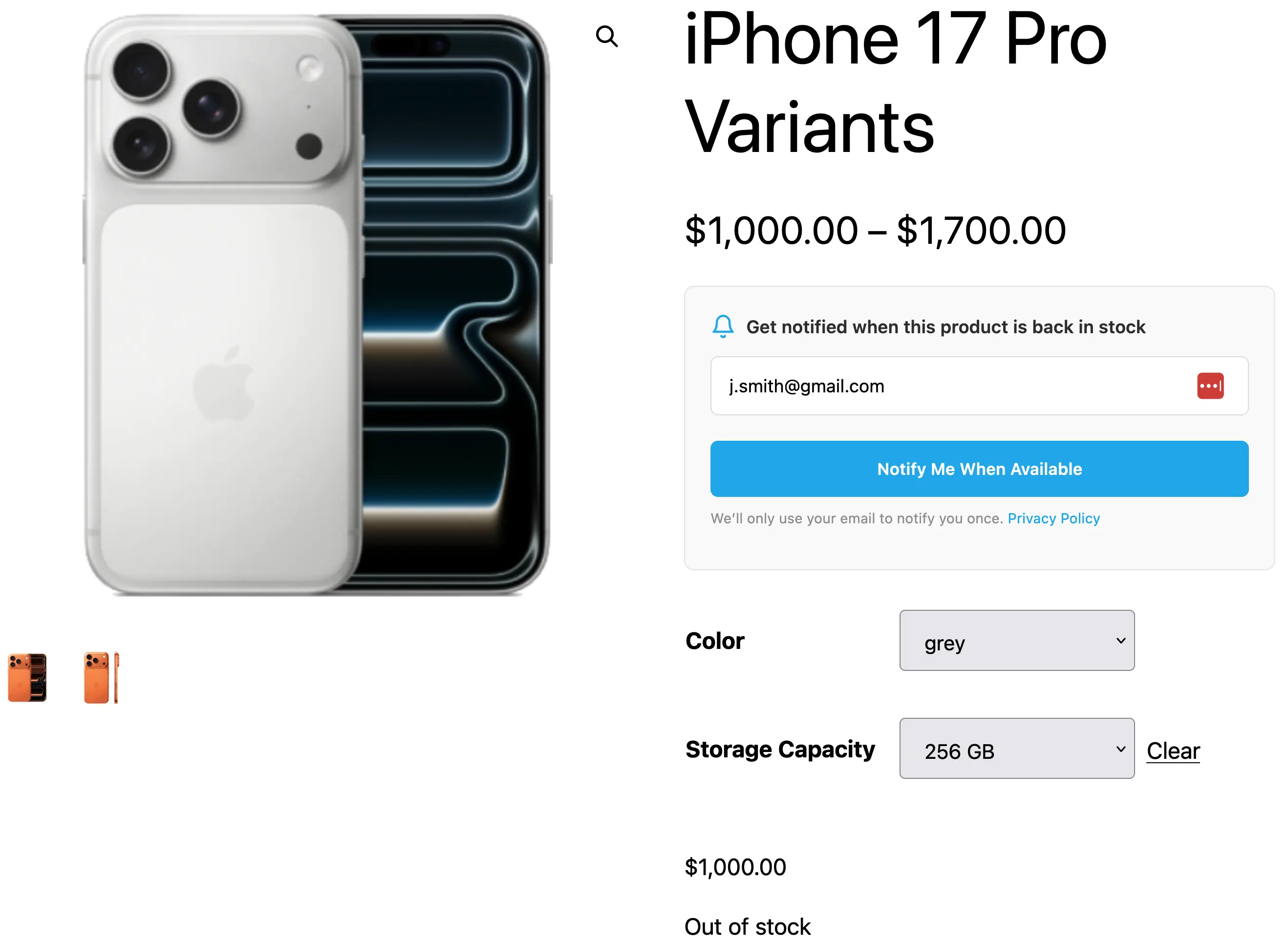 Subscription form on product page